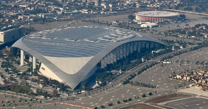 This aerial picture, taken Jan. 1, shows SoFi Stadium, the home of the National Football League's Los Angeles Rams, in Inglewood, California.