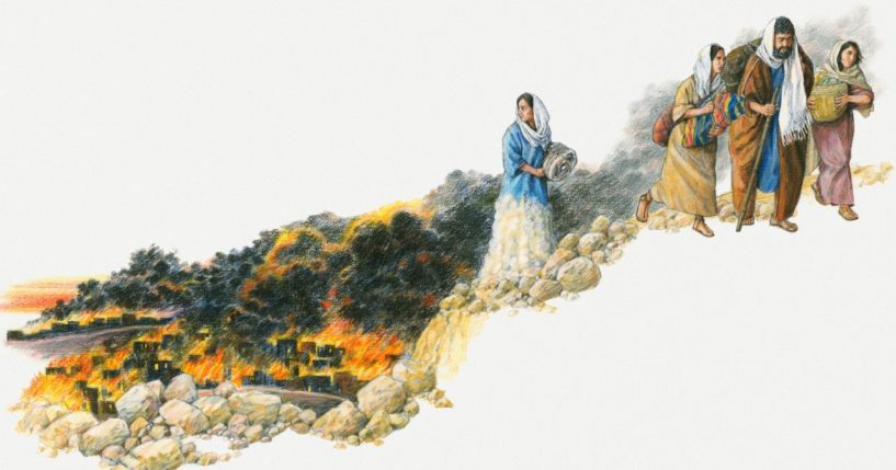 Jesus likened the time of His return to the time of Lot, who is pictured fleeing Sodom and Gomorrah with his wife and daughters as fire and brimstone rained down upon the wicked cities.