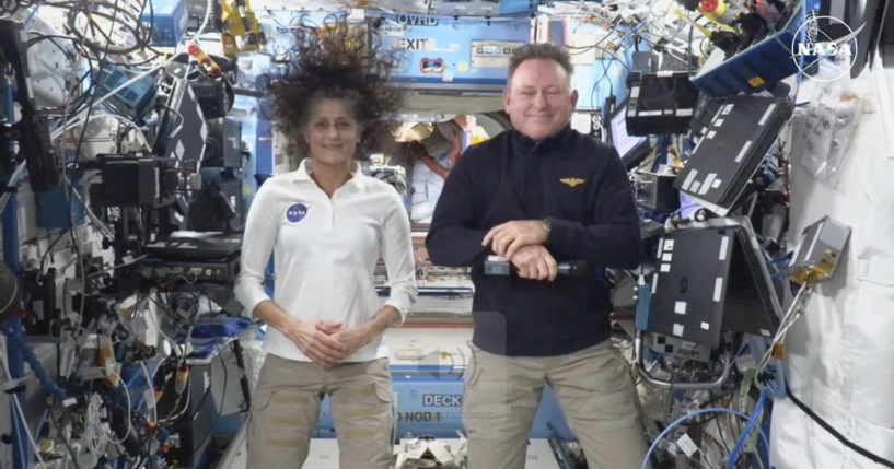 This image made from a live stream shows NASA astronauts Suni Williams and Butch Wilmore during a news conference from the International Space Station on Sept. 13, 2024.