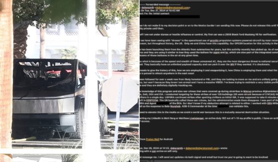 A Tesla Cybertruck is shown after it caught fire and exploded outside the lobby of President-elect Donald Trump's hotel Wednesday in Las Vegas. An email believed to be the bomber's manifesto was circulated Friday by podcaster Shawn Ryan.