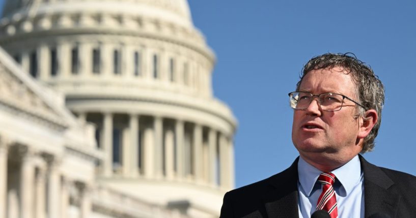 Rep. Thomas Massie participates in a news conference outside the U.S. Capitol in Washington, D.C., on May 1.