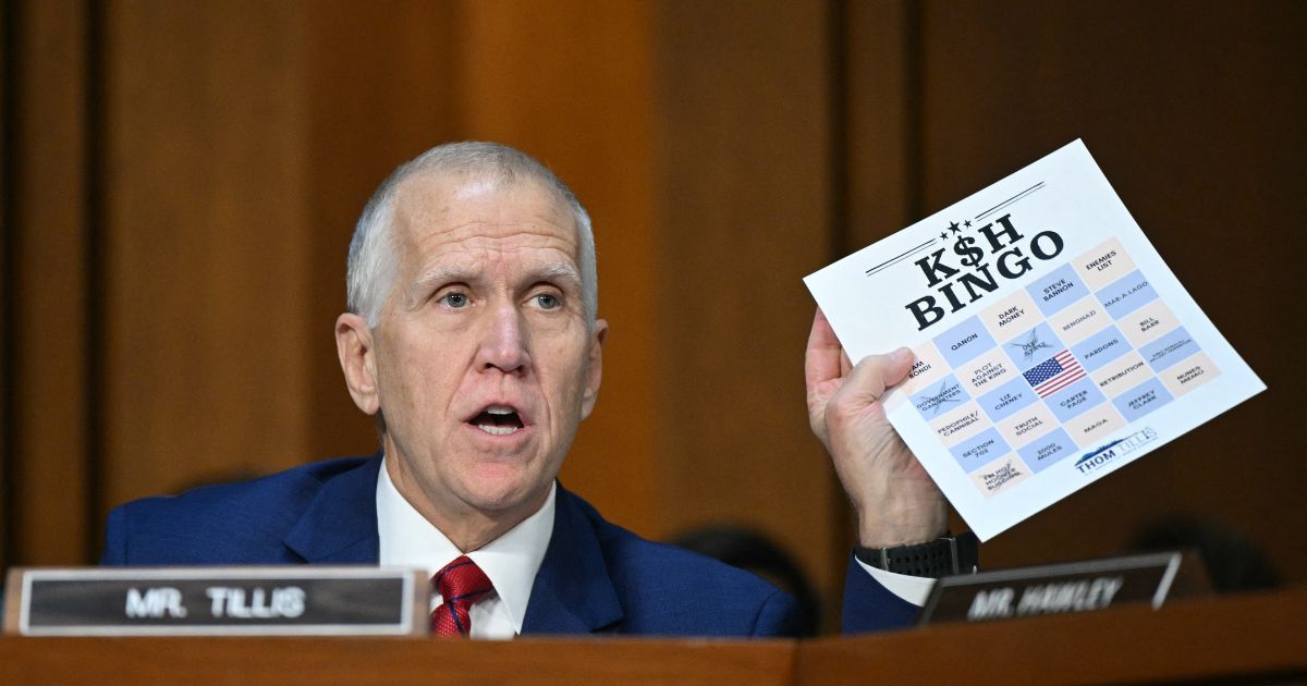 Sen. Thom Tillis holds up a "Kash Bingo" card as Kash Patel testifies during a Senate Judiciary Committee hearing on his nomination to be FBI Director, on Capitol Hill in Washington, D.C., on Thursday. (Mandel Ngan - AFP / Gett