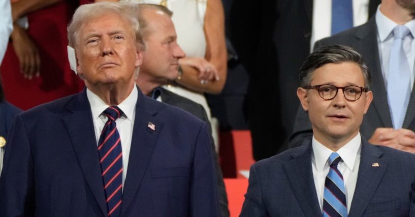 Now-President Donald Trump and Speaker of the House Mike Johnson look on during the Republican National Convention in Milwaukee, Wisconsin, on July 17.