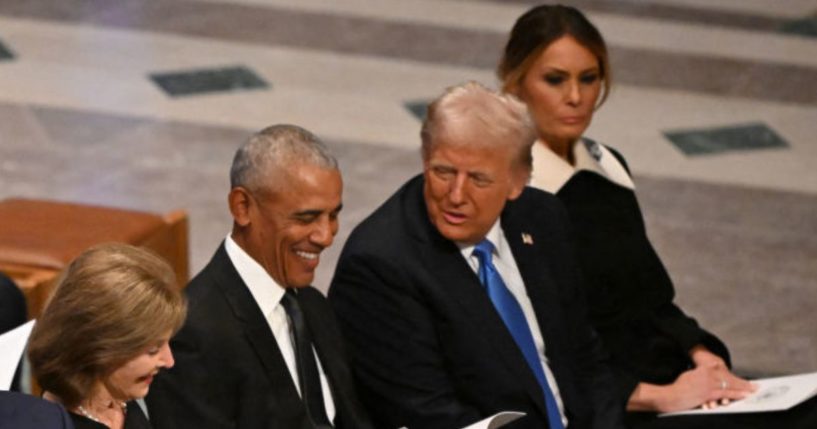 President George W. Bush, his wife Laura Bush, former President Barack Obama, President-elect Donald Trump and his wife Melania Trump attend the State Funeral Service for former US President Jimmy Carter at the Washington National Cathedral in Washington, DC, on January 9, 2025. (Photo by Mandel NGAN / AFP) (Photo by MANDEL NGAN/AFP via Getty Images)