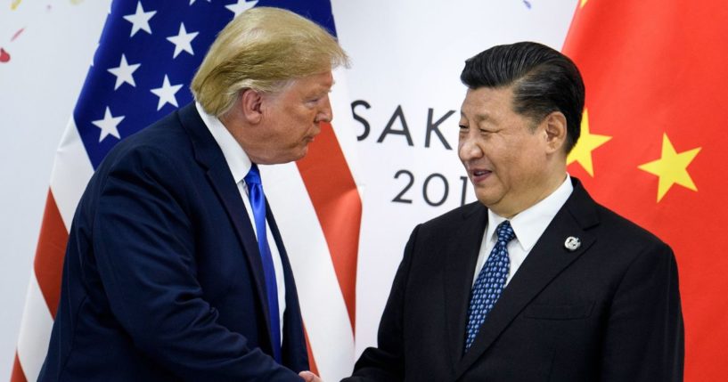 Then-President Donald Trump, left, shakes hands with China's President Xi Jinping, right, before a bilateral meeting on the sidelines of the G20 Summit in Osaka on June 28, 2019.