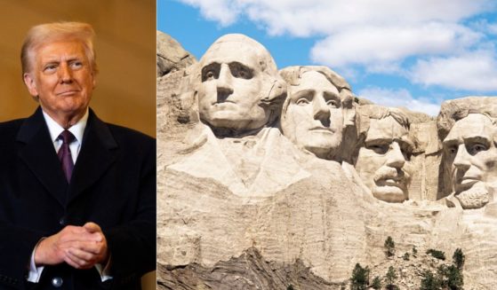 A new bill has been introduced in the House to add President Donald Trump, left, to Mount Rushmore, right.