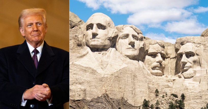 A new bill has been introduced in the House to add President Donald Trump, left, to Mount Rushmore, right.