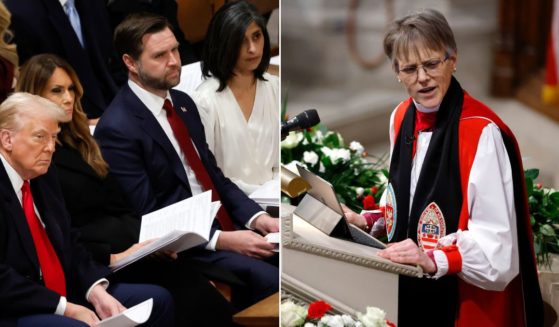 President Donald Trump, first lady Melania Trump, Vice President J.D. Vance and second lady Usha Vance, left, were subjected to a lecture on woke ideology by 'Bishop' Mariann Edgar Budde, right, during the National Prayer Service at Washington National Cathedral Tuesday in Washington, D.C.