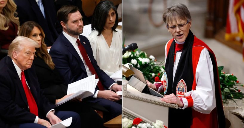 President Donald Trump, first lady Melania Trump, Vice President J.D. Vance and second lady Usha Vance, left, were subjected to a lecture on woke ideology by 'Bishop' Mariann Edgar Budde, right, during the National Prayer Service at Washington National Cathedral Tuesday in Washington, D.C.