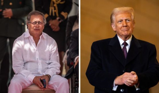 (L) President of Colombia Gustavo Petro (C) watches the military army during the 2024 Colombia Independence Day Parade on July 20, 2024 in Bogota, Colombia. (R) U.S. President Donald Trump looks on before addressing guests and supporters in an overflow room in Emancipation Hall after his inauguration at the U.S Capitol on January 20, 2025 in Washington, DC.