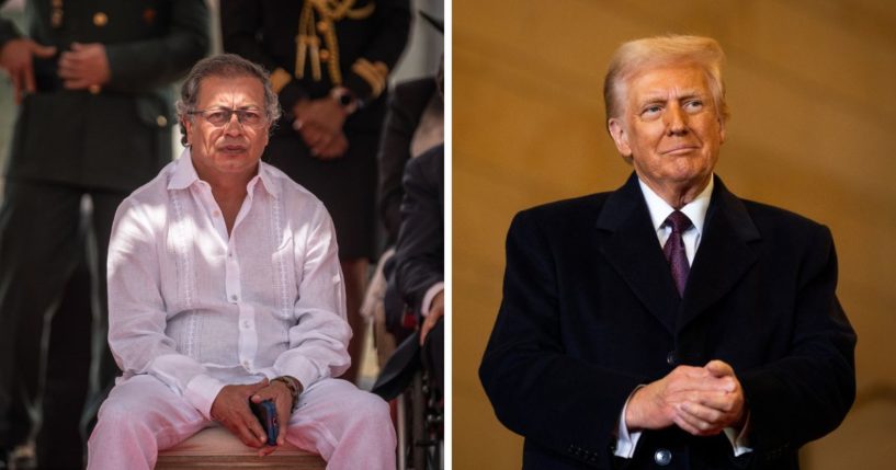 (L) President of Colombia Gustavo Petro (C) watches the military army during the 2024 Colombia Independence Day Parade on July 20, 2024 in Bogota, Colombia. (R) U.S. President Donald Trump looks on before addressing guests and supporters in an overflow room in Emancipation Hall after his inauguration at the U.S Capitol on January 20, 2025 in Washington, DC.