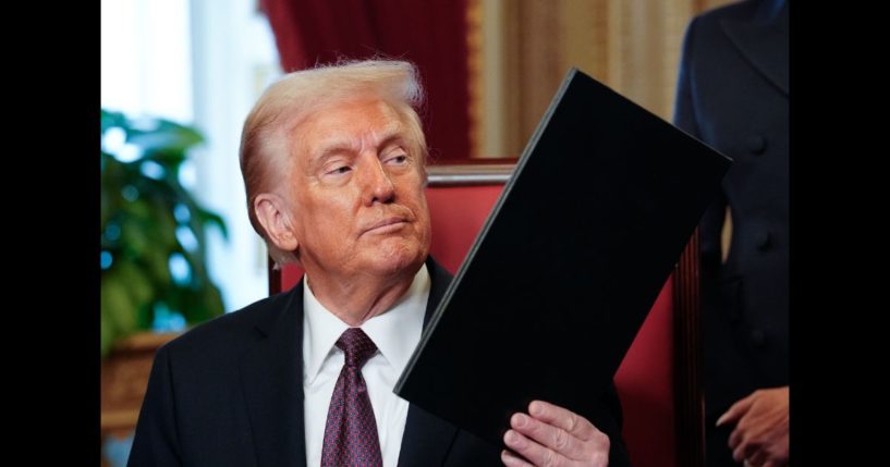 U.S. President Donald Trump takes part in a signing ceremony after his inauguration on January 20, 2025 in the President's Room at the U.S. Capitol in Washington, DC.