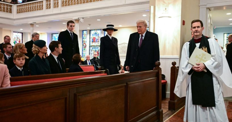 US President-elect Donald Trump, trailed by Melania Trump and son Barron Trump, arrives for a church service at St. John's Episcopal Church, Lafayette Square in Washington, DC, January 20, 2025.