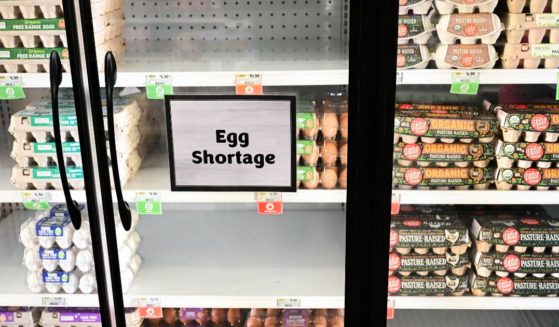 Egg shortage signage is displayed on partially empty shelves at a Sprouts Farmer's Market grocery store in Lawndale, California on January 2, 2025. Bird flu and other factors have contributed to an egg shortage in California.