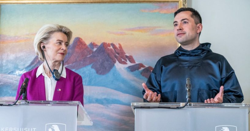 (L-R) European Commission President Ursula von der Leyen and Greenlandic Prime Minister Mute B Egede address a press conference after signing an agreement on the opening of the European Commission's new office in Nuuk, Greenland, on March 15, 2024.