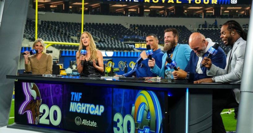 Nikki Glaser visits on set of the TNF on Prime post show at SoFi Stadium on October 24, 2024 in Inglewood, California.