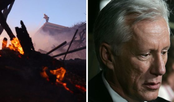 (L) A firefighter douses a hot spot as a brush fire burns in Pacific Palisades, California on January 7, 2025. (R) Actor James Woods arrives at the premiere of Pretty Persuasion at the ArcLight Cinerama Dome on August 9, 2005 in Los Angeles, California.