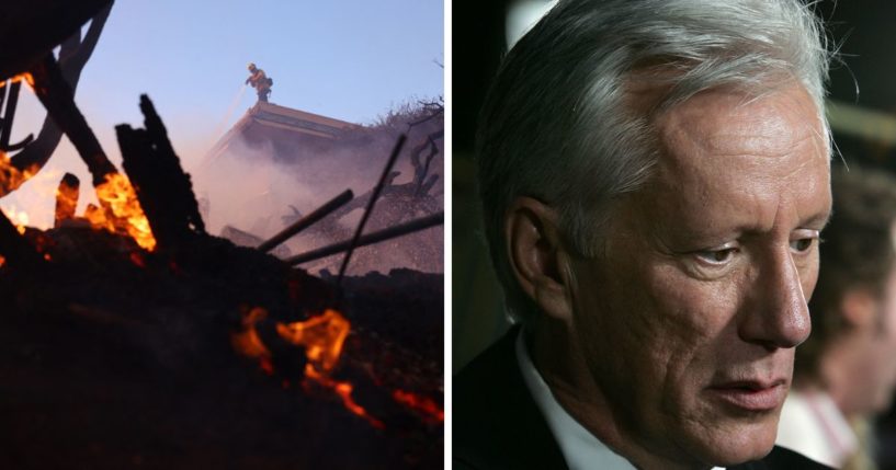 (L) A firefighter douses a hot spot as a brush fire burns in Pacific Palisades, California on January 7, 2025. (R) Actor James Woods arrives at the premiere of Pretty Persuasion at the ArcLight Cinerama Dome on August 9, 2005 in Los Angeles, California.