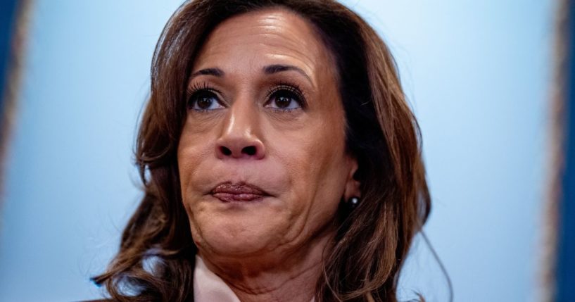 U.S. Vice President Kamala Harris pauses while speaking to reporters as she walks out of a meeting with House Minority Leader Hakeem Jeffries (D-N.Y) after certifying the Electoral College vote for the 2024 Presidential election at the U.S. Capitol on January 6, 2025 in Washington, DC.