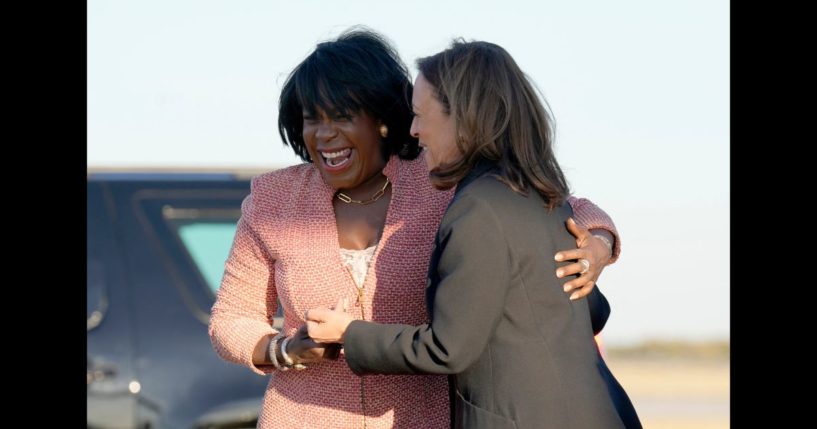 Philadelphia Mayor Cherelle Parker greets former US Vice President and then-Democratic presidential candidate Kamala Harris upon her arrival at Philadelphia International Airport in Philadelphia, Pennsylvania, October 20, 2024.