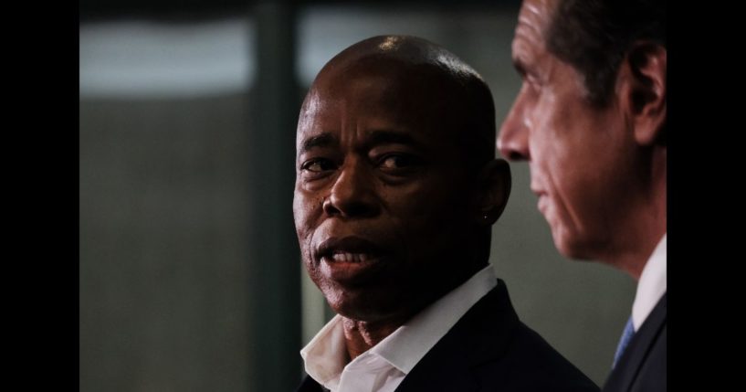 Then-Democratic nominee for New York City mayor, Eric Adams, joins former New York Governor Andrew Cuomo to hold a joint news conference in Brooklyn where the two leaders spoke on the rising rates of gun violence across the city on July 14, 2021 in New York City.