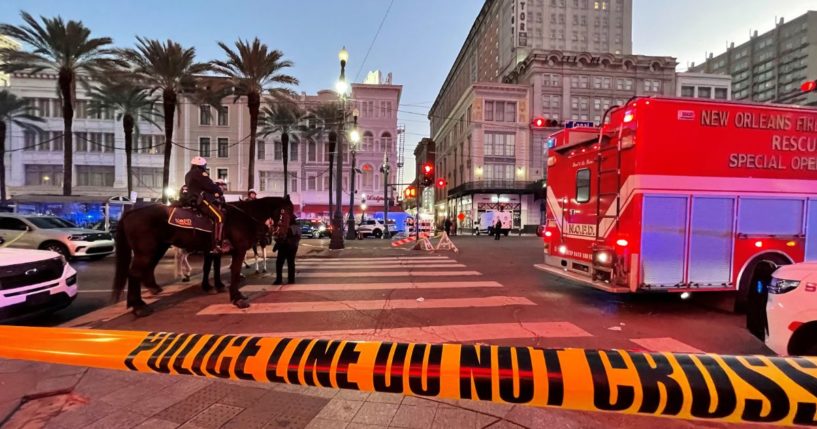 Police cordon off the intersection of Canal Street and Bourbon Street in the French Quarter of New Orleans, Louisiana, on January 1, 2025. At least 10 people were killed and 30 injured Wednesday when a vehicle plowed overnight into a New year's crowd in the heart of the thriving New Orleans tourist district, authorities in the southern US city said.