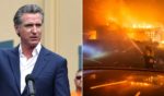 California Gov. Gavin Newsom, pictured left during an October news conference; firefighters, right, battle a blaze in the Pacific Palisades neighborhood of Los Angeles on Wednesday.