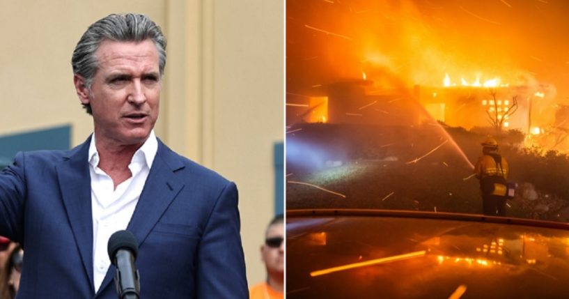 California Gov. Gavin Newsom, pictured left during an October news conference; firefighters, right, battle a blaze in the Pacific Palisades neighborhood of Los Angeles on Wednesday.