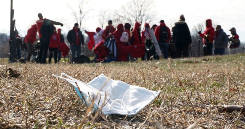 Demonstrators participate in a Defeat the Mandates march in Washington, DC, on January 23, 2022. Demonstrators are protesting mask and Covid-19 vaccination mandates.