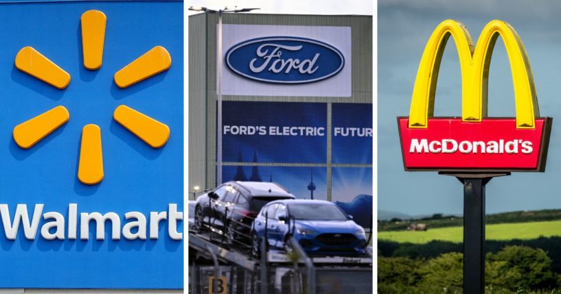 (L) The company logo is shown on the front of the building at a Walmart store on May 18, 2023 in Chicago, Illinois. (C) Cars of US car manufacturer Ford car stand on a lorry transporter in front of their logo at the Ford plant in Cologne, western Germany, on November 25, 2024. (R) The sun shines on the yellow Golden Arches logo of the fast food restaurant McDonald's near Saint Austell, on August 14, 2024 in Cornwall, England.