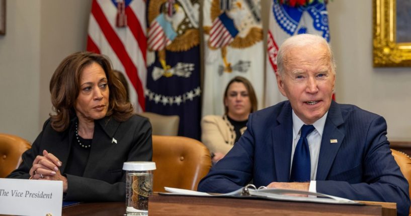 US Vice President Kamala Harris and U.S. President Joe Biden speak to the media on the federal response to the Los Angeles wildfires at the White House on January 9, 2025 in Washington, DC.