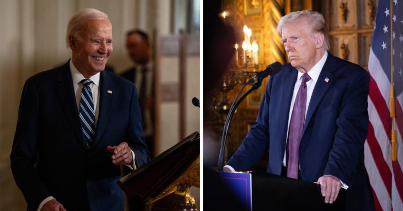 (L) U.S. President Joe Biden speaks during a reception for new democratic members of the United States Congress in the State Dining Room of the White House on January 5, 2025 in Washington, DC. (R) U.S. President-elect Donald Trump speaks to members of the media during a press conference at the Mar-a-Lago Club on January 7, 2025 in Palm Beach, Florida.