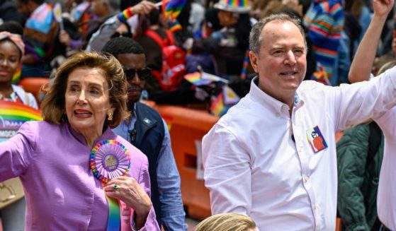 Congresswoman Nancy Pelosi and Congressman Adam Schiff ride during the 53rd Annual San Francisco Pride Parade And Celebration on June 25, 2023 in San Francisco, California.