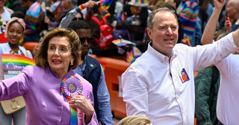 Congresswoman Nancy Pelosi and Congressman Adam Schiff ride during the 53rd Annual San Francisco Pride Parade And Celebration on June 25, 2023 in San Francisco, California.