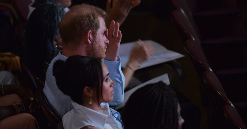 Prince Harry, Duke of Sussex, and Meghan, Duchess of Sussex are seen at the Afro Women and Power Forum at the Municipal Theater of Calid during a visit around Colombia on August 18, 2024 in Cali, Colombia.