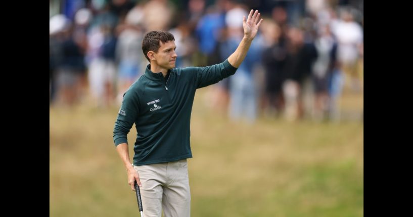 Tom Holland acknowledges the crowd on the 14th green during the Pro-Am prior to the BMW PGA Championship 2024 at Wentworth Club on September 18, 2024 in Virginia Water, England.