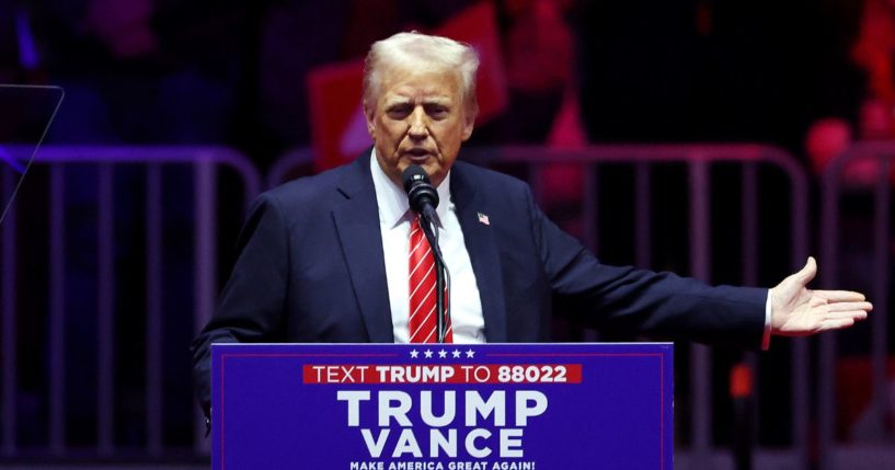 President-Elect Donald Trump speaks at his victory rally at the Capital One Arena on January 19, 2025 in Washington, DC. Trump will be sworn in as the 47th U.S. president on January 20.