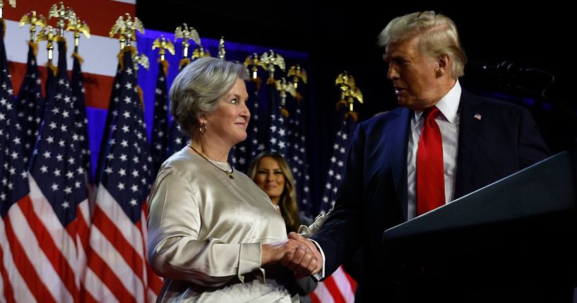 Republican presidential nominee, former U.S. President Donald Trump praises his campaign senior advisor Susie Wiles during an election night event at the Palm Beach Convention Center on November 6, 2024 in West Palm Beach, Florida.