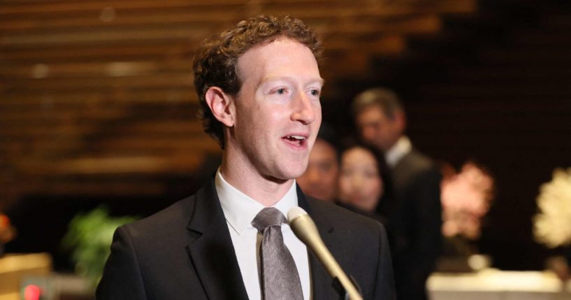 This photo taken on February 27, 2024 shows Mark Zuckerberg, head of US tech giant Meta, speaking to reporters at the Japanese prime minister's office during his visit to Tokyo.