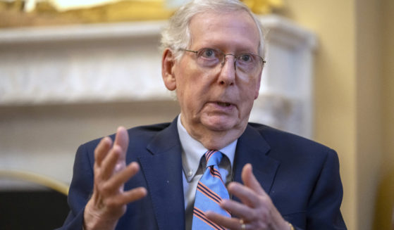 Sen. Mitch McConnell speaks during an interview with the Associated Press at his office in the Capitol in Washington, D.C., on Nov. 6, 2023.