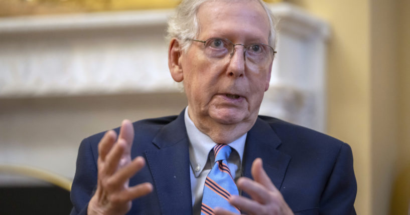 Sen. Mitch McConnell speaks during an interview with the Associated Press at his office in the Capitol in Washington, D.C., on Nov. 6, 2023.