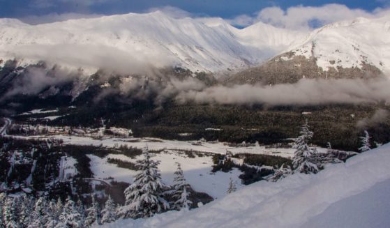 This stock image shows a valley at Seven Glaciers Alyeska in Alaska.