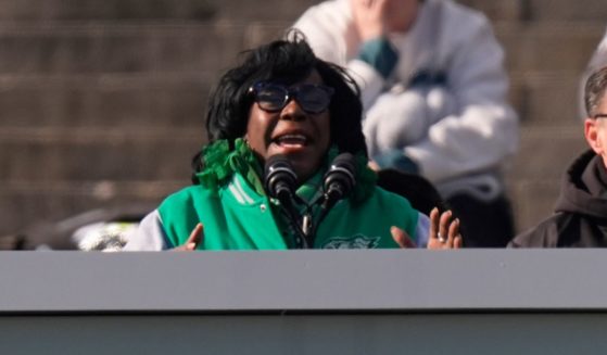 Philadelphia Mayor Cherelle L. Parker speaks during the Philadelphia Eagles' NFL football Super Bowl LIX Parade in Philadelphia, Pennsylvania, on Friday.