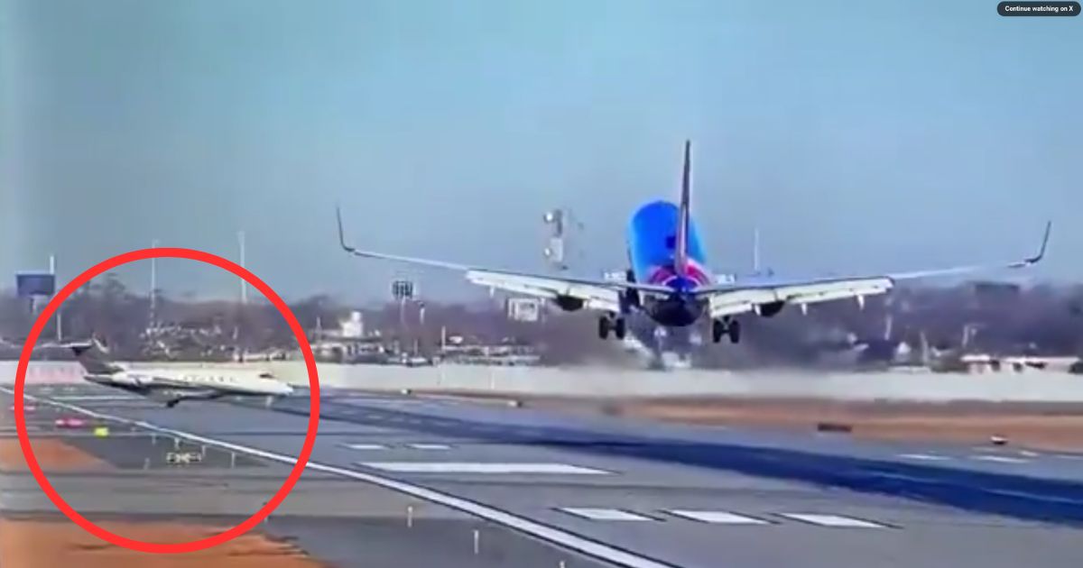 The Southwest pilot aborted the landing when a small jet, left, rolled into its path.