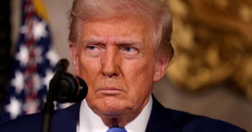 President Donald Trump speaks to reporters from Mar-a-Lago in Palm Beach, Florida, on Tuesday.