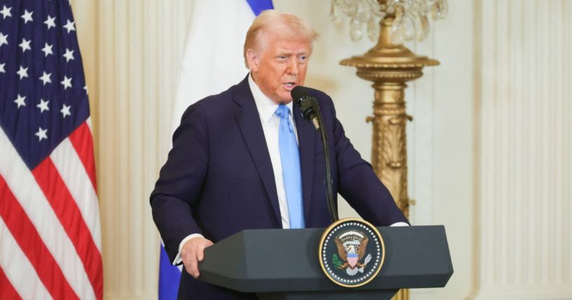 President Donald Trump speaks during a joint news conference with Israeli Prime Minister Benjamin Netanyahu in the East Room of the White House in Washington, D.C., on Tuesday.