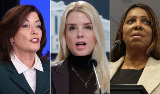 Attorney General Pam Bondi, center, announced charges against the state of New York for failure to enforce federal immigration laws. The charges name New York Gov. Kathy Hochul, left, and New York state Attorney General Letitia James, right.