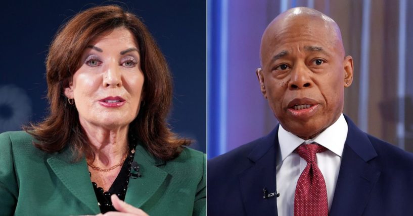 New York Gov. Kathy Hochul, left, has the power to remove officials from office, and she has indicated she is thinking about removing New York City Mayor Eric Adams, right, from his position after the Department of Justice dropped charges against him without prejudice.