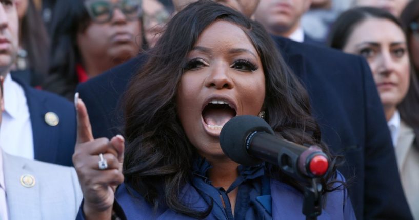 Rep. Jasmine Crockett speaks during the We Choose To Fight: Nobody Elected Elon rally at the U.S. Department Of The Treasury in Washington, D.C., on Feb. 4.