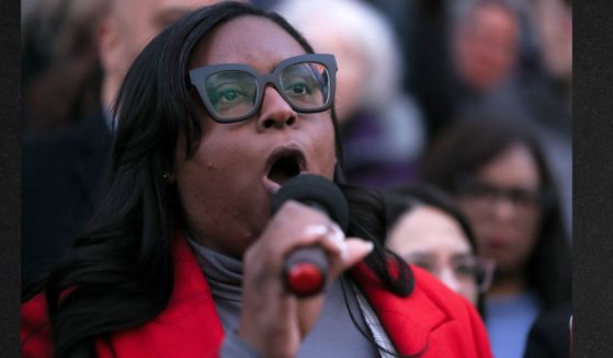 Rep. LaMonica McIver (D-NJ) speaks Tuesday during a Democrat rally at the U.S. Department of the Treasury against the Department of Government Efficiency's Elon Musk.